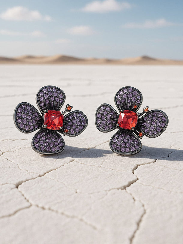 Voguish Rhodium-Plated Lavender, Orange & Ruby AD & Cubic Zirconia Studded Floral Stud Earrings Stud Earrings