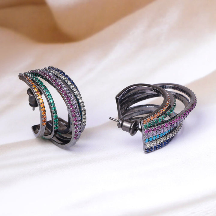 Voguish Rhodium-Plated Multicolor AD & Cubic Zirconia Studded Black-Tone Premium Hoop Earrings Hoop