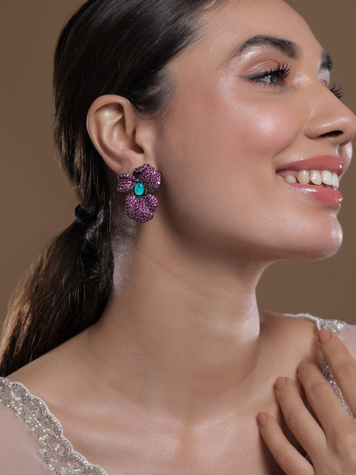 Voguish Rhodium-Plated Ruby Pink & Turquoise Blue AD & Cubic Zirconia Studded Oversized Floral Earrings Studs