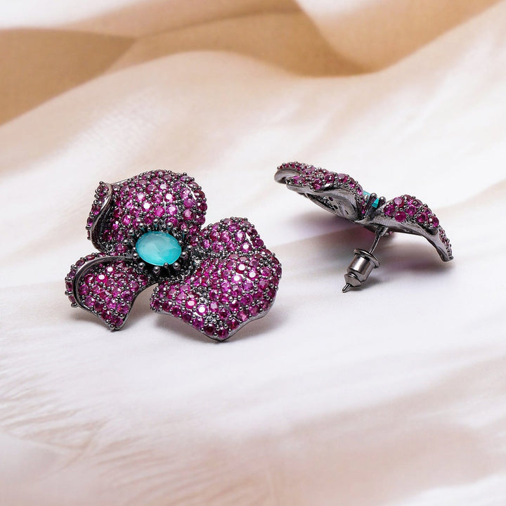 Voguish Rhodium-Plated Ruby Pink & Turquoise Blue AD & Cubic Zirconia Studded Oversized Floral Earrings Studs