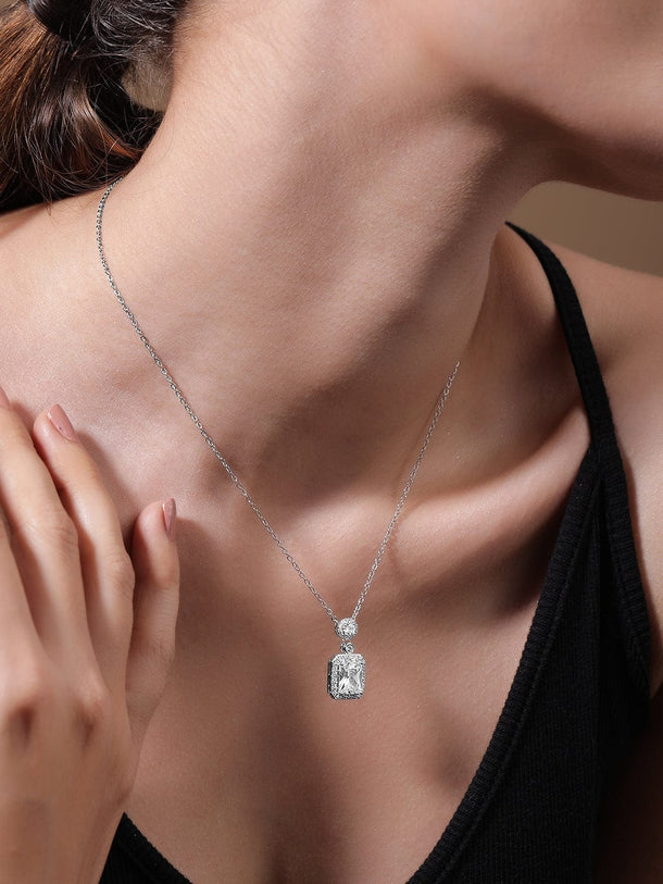 Voguish Rhodium Plated Sparkling AD & Cubic Zirconia Studded Rectangle Pendant Necklace Necklace and Chains