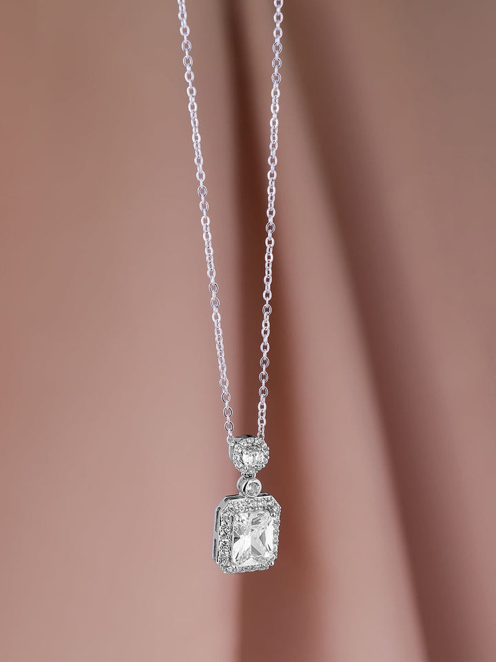 Voguish Rhodium Plated Sparkling AD & Cubic Zirconia Studded Rectangle Pendant Necklace Necklace and Chains