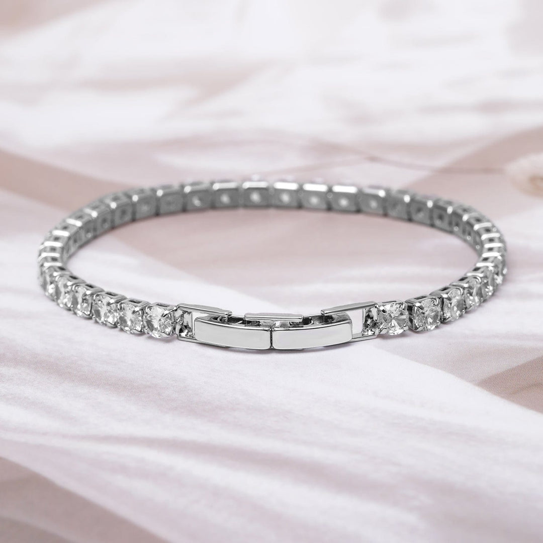 Voguish Rhodium Plated Sparkling AD & Cubic Zirconia Studded Tennis Bracelet Bracelet