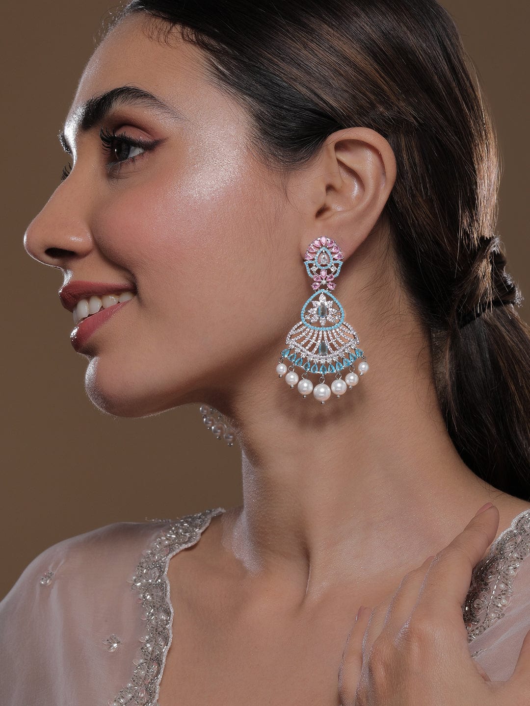 Voguish Rhodium-Plated Turquoise Blue & Pink AD & Cubic Zirconia Studded Pearl Drop Chandbali Earrings Chandbali