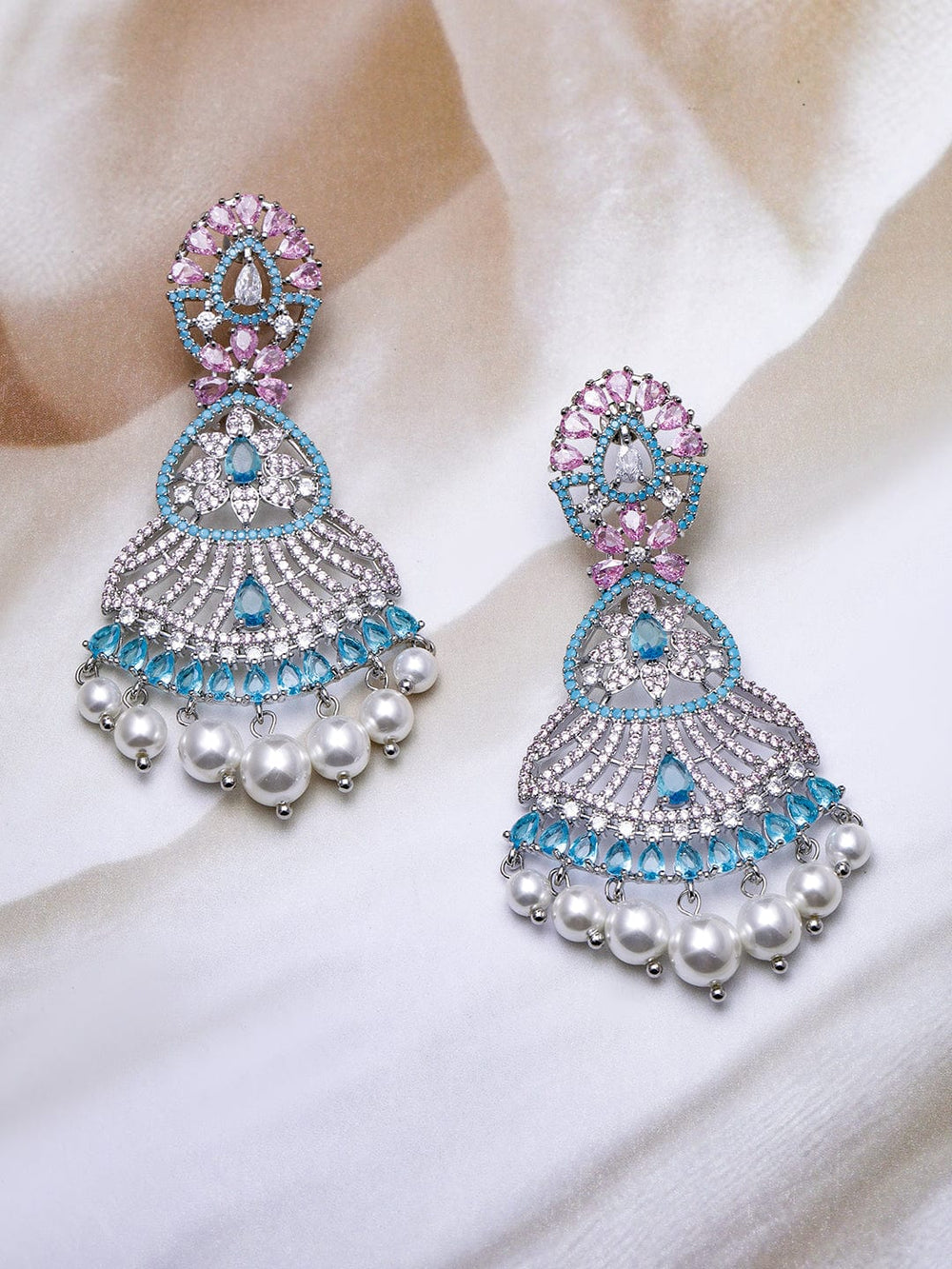 Voguish Rhodium-Plated Turquoise Blue & Pink AD & Cubic Zirconia Studded Pearl Drop Chandbali Earrings Chandbali