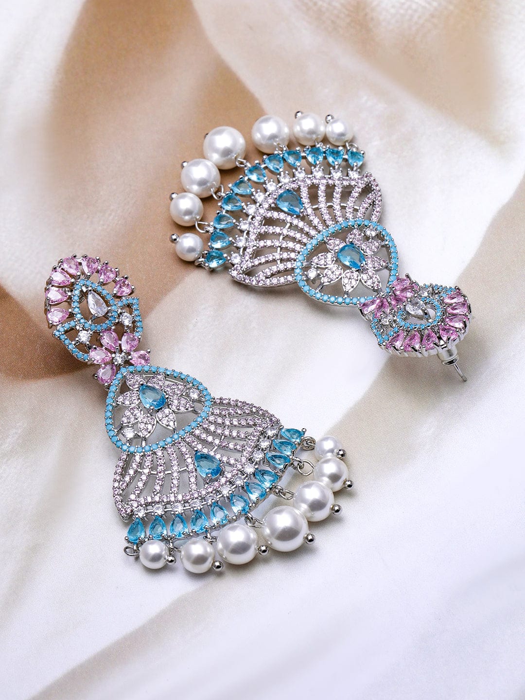 Voguish Rhodium-Plated Turquoise Blue & Pink AD & Cubic Zirconia Studded Pearl Drop Chandbali Earrings Chandbali