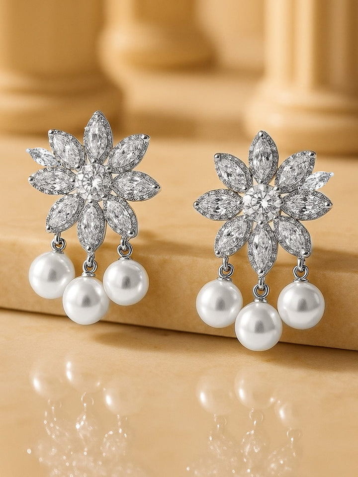 Voguish Rhodium-Plated White AD & Cubic Zirconia Studded Premium Earrings with Pearl Drops Drop Earrings