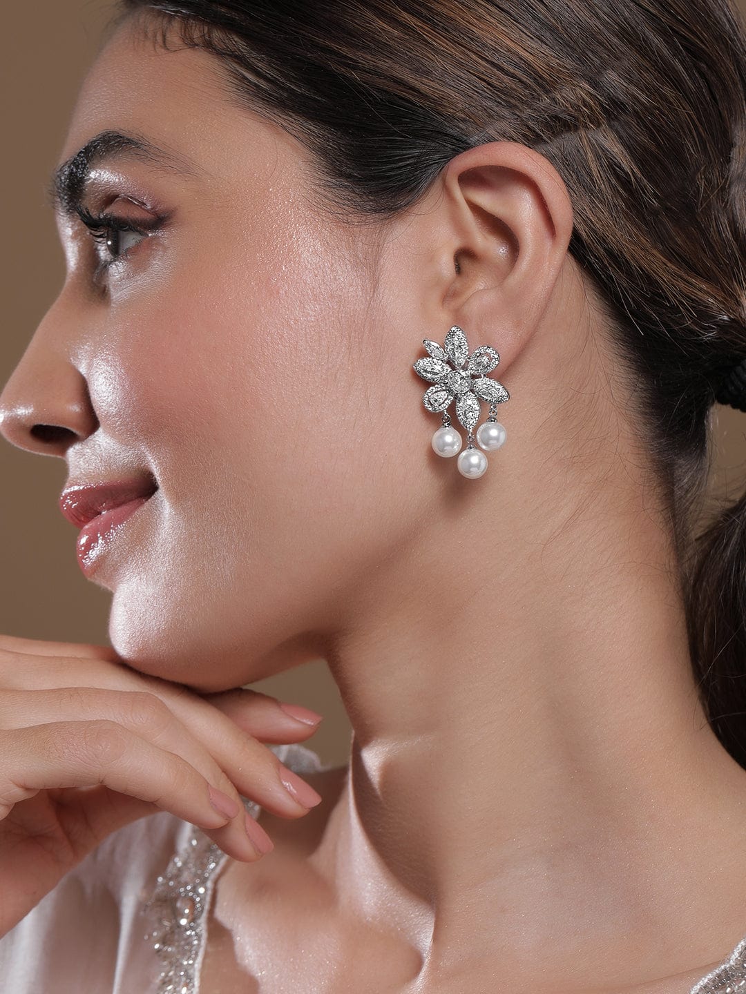 Voguish Rhodium-Plated White AD & Cubic Zirconia Studded Premium Earrings with Pearl Drops Drop Earrings