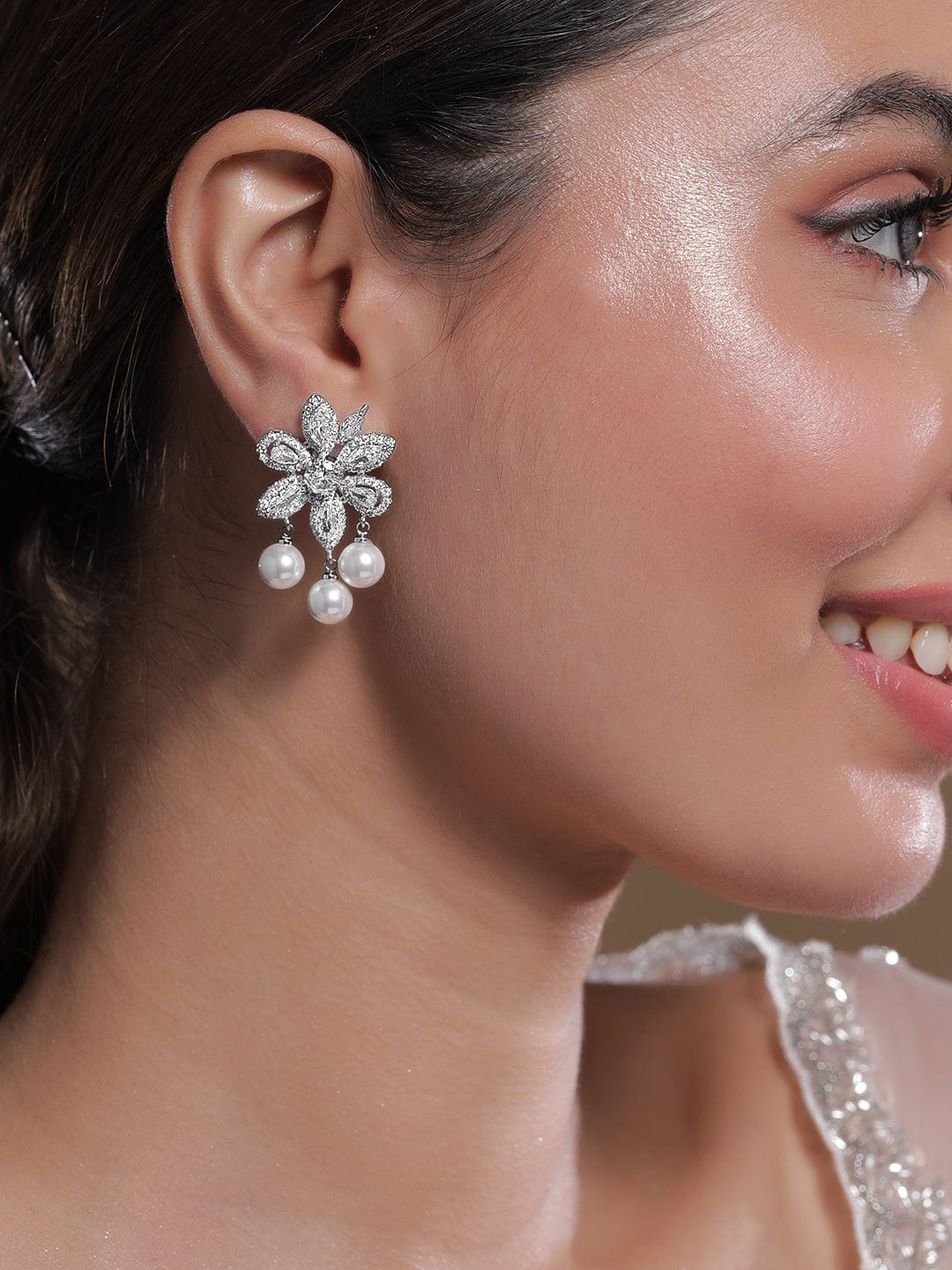 Voguish Rhodium-Plated White AD & Cubic Zirconia Studded Premium Earrings with Pearl Drops Drop Earrings