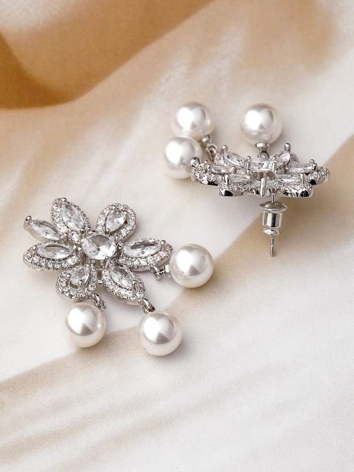 Voguish Rhodium-Plated White AD & Cubic Zirconia Studded Premium Earrings with Pearl Drops Drop Earrings