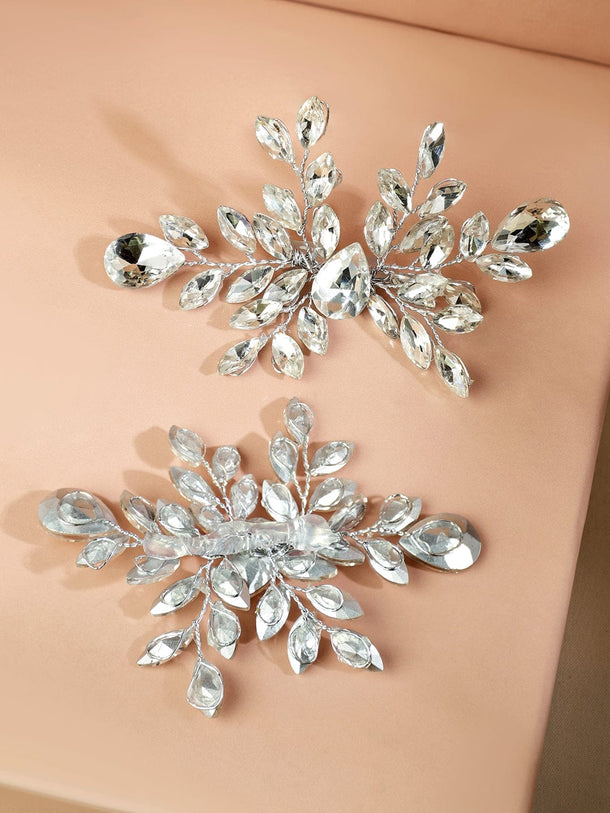 White crystal leaf side hair clip - set of 2 Head Jewellery