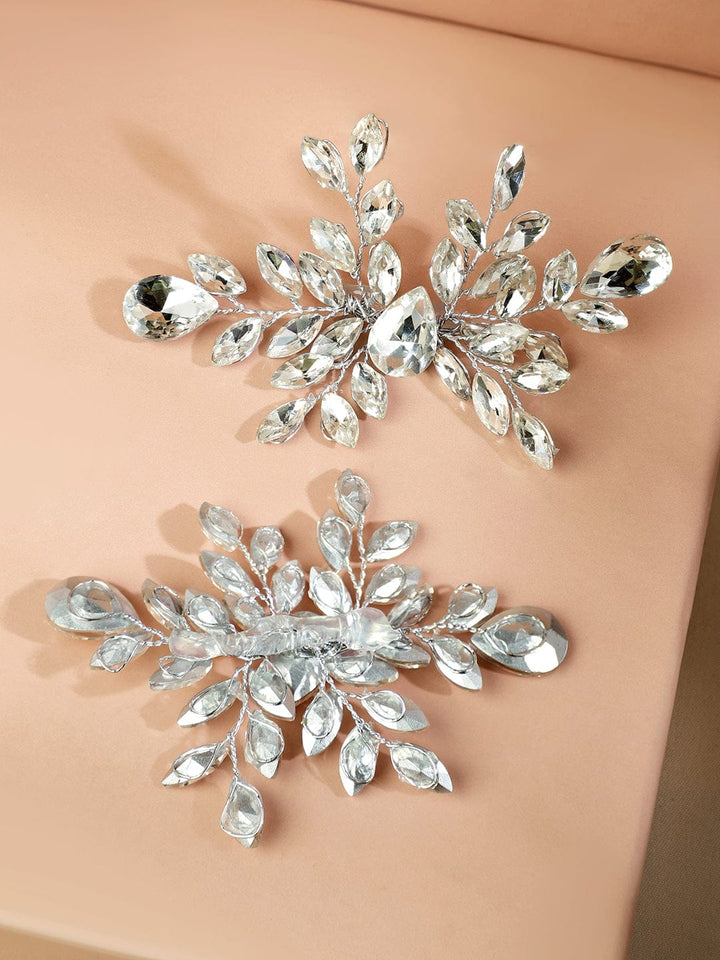 White crystal leaf side hair clip - set of 2 Head Jewellery