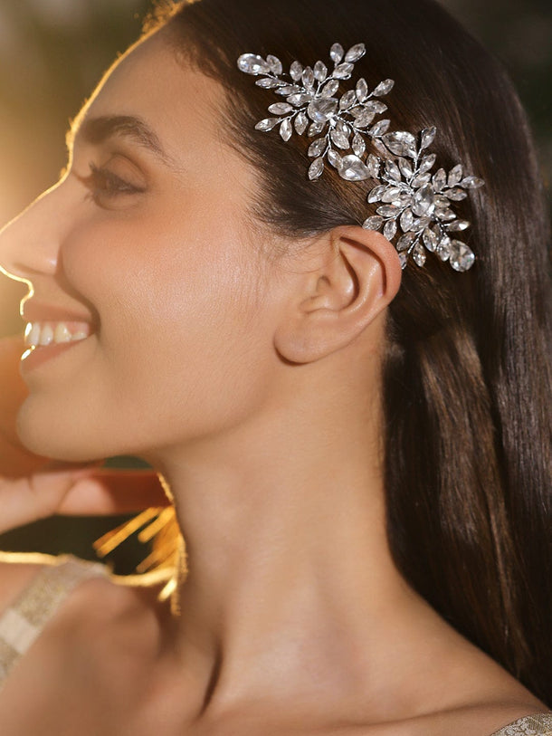 White crystal leaf side hair clip - set of 2 Head Jewellery