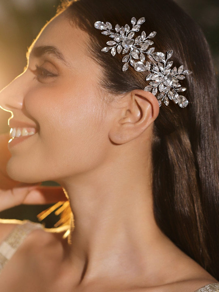 White crystal leaf side hair clip - set of 2 Head Jewellery