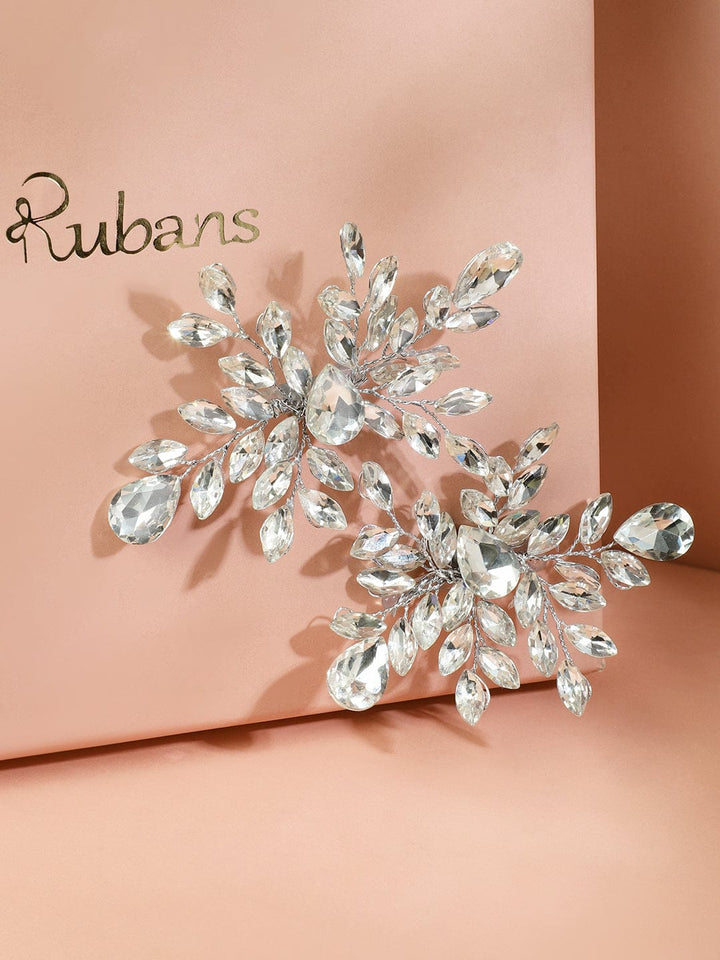 White crystal leaf side hair clip - set of 2 Head Jewellery