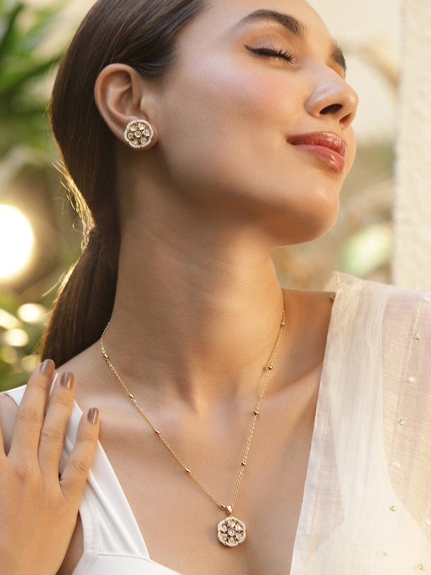 Women Gold Plated CZ Stone Studded Pendant Set pendent set