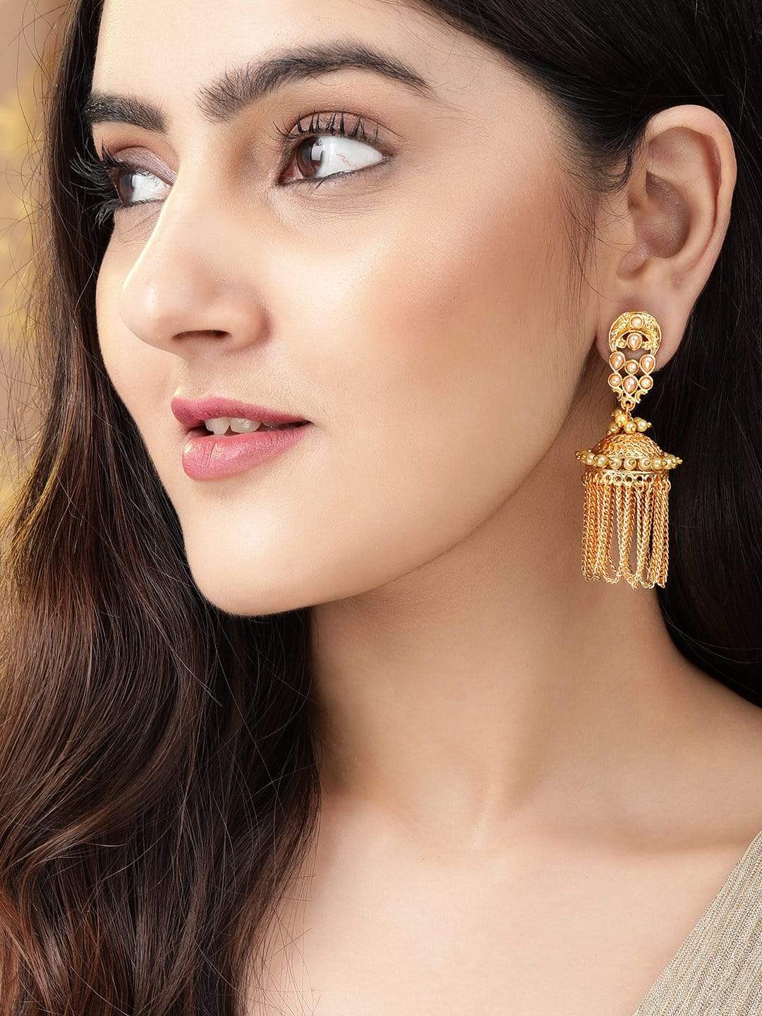 Gold Plated Delicate Chains Temple Jhumkas Earrings