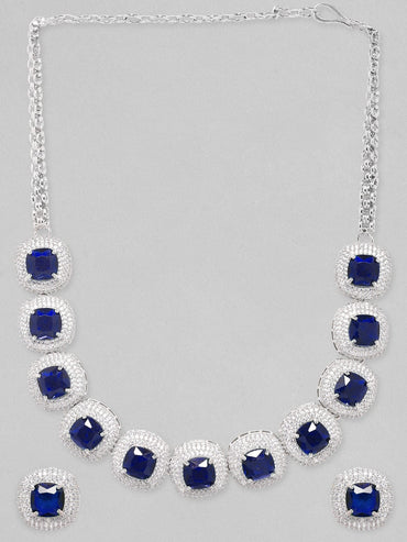 Rhodium Plated Premium white & Blue Sapphire Zircons Studded Earring and Necklace Set. Necklace Set