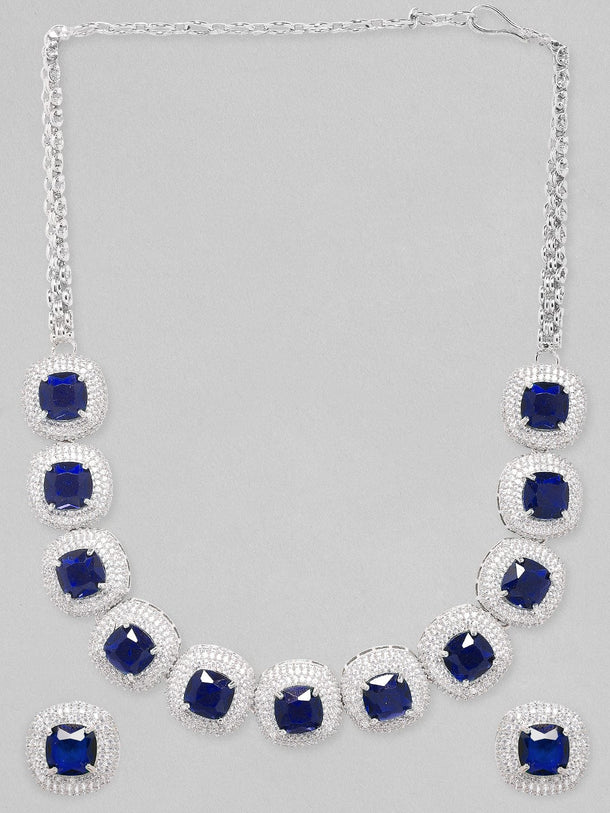 Rhodium Plated Premium white & Blue Sapphire Zircons Studded Earring and Necklace Set. Necklace Set