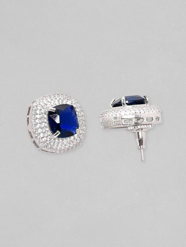Rhodium Plated Premium white & Blue Sapphire Zircons Studded Earring and Necklace Set. Necklace Set