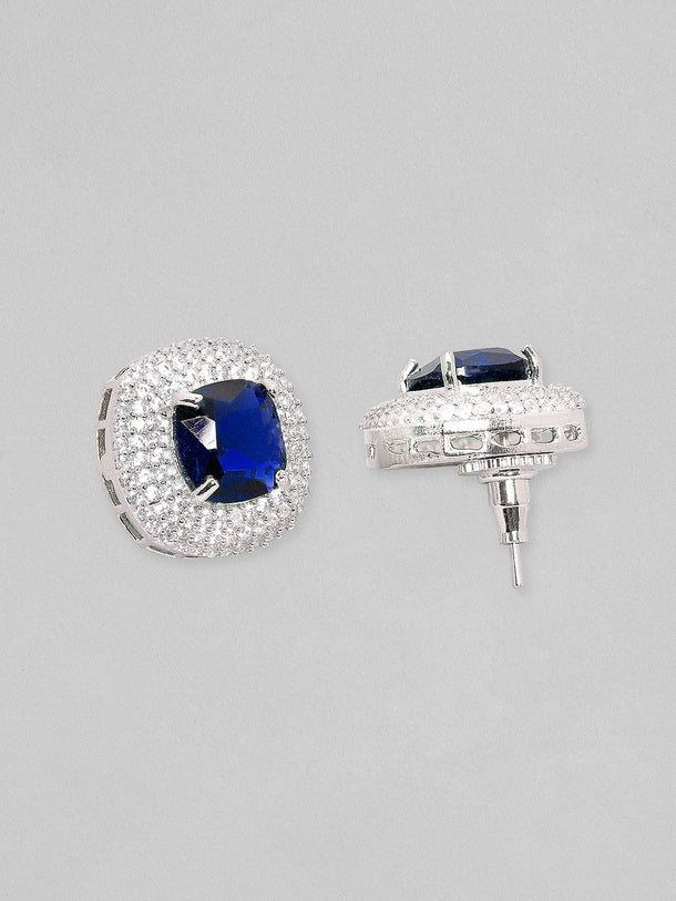 Rhodium Plated Premium white & Blue Sapphire Zircons Studded Earring and Necklace Set. Necklace Set