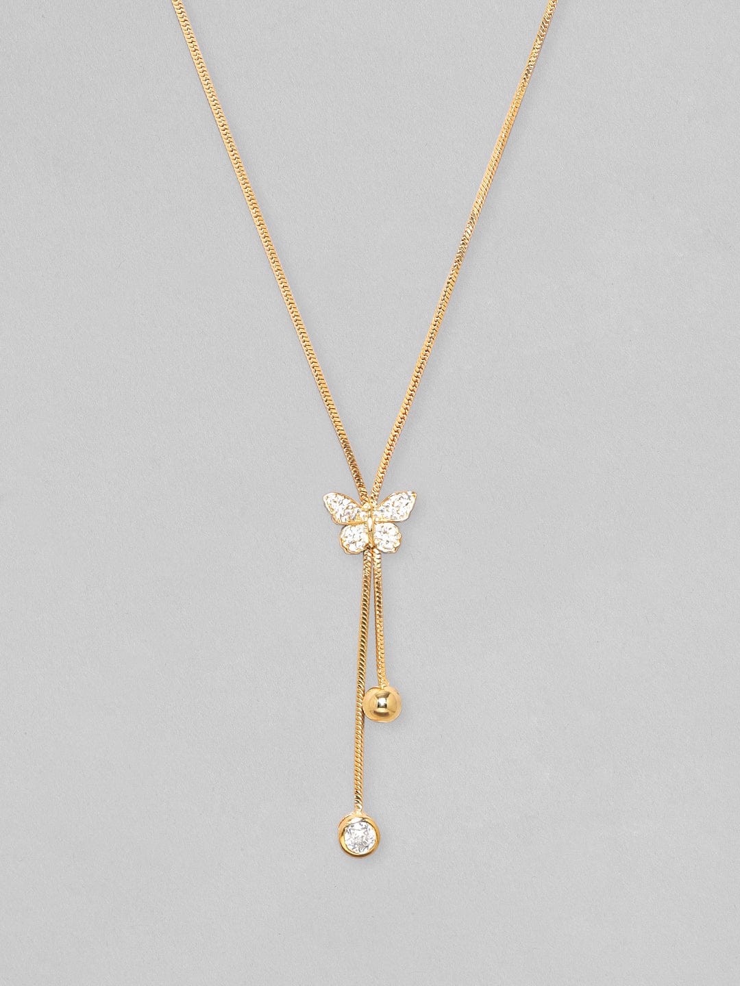 Rubans 18K Gold Plated, Minimal Chain Butterfly Motif Zircons Studded Drop Pendant Necklace. Chain & Necklaces