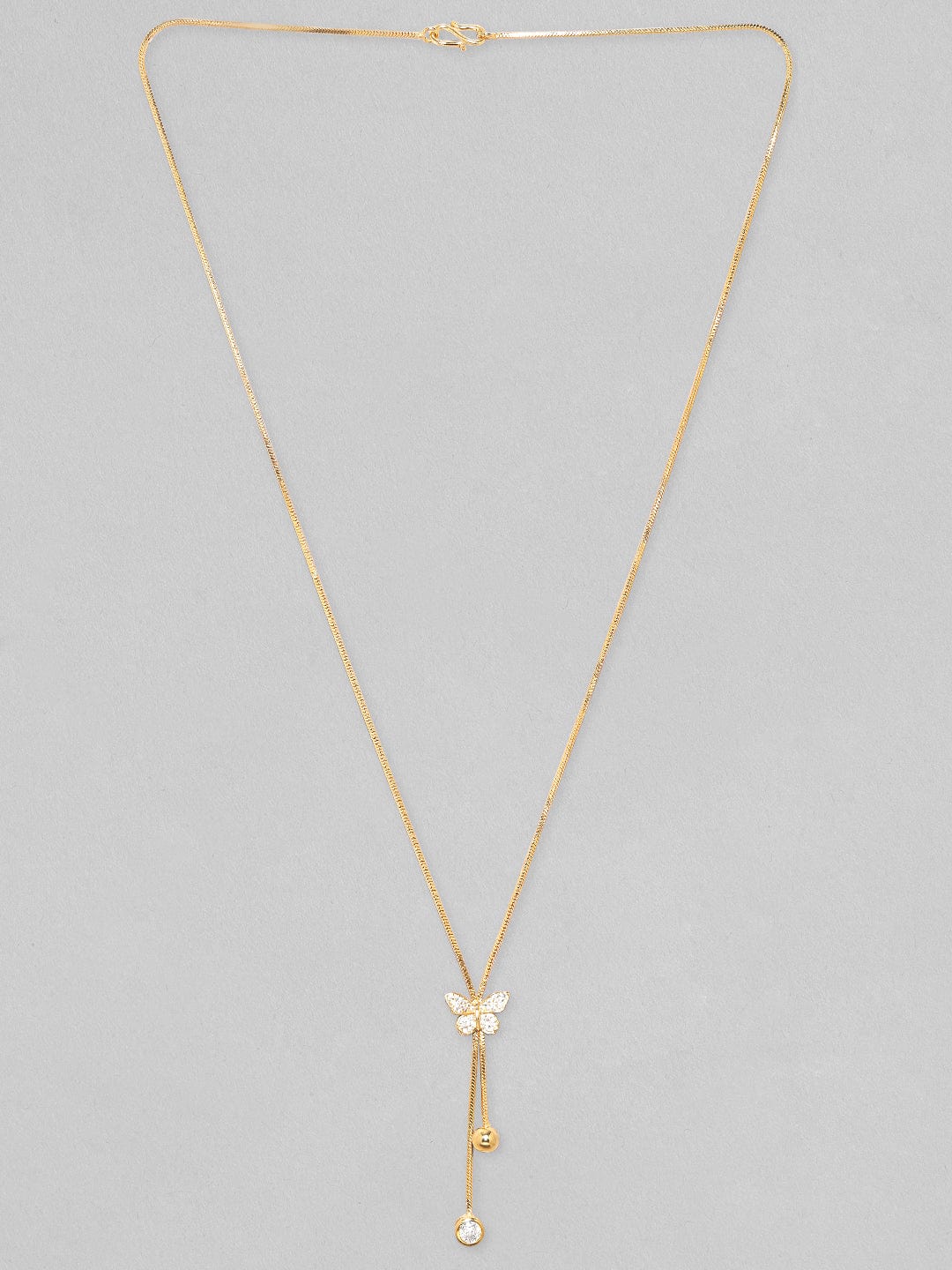 Rubans 18K Gold Plated, Minimal Chain Butterfly Motif Zircons Studded Drop Pendant Necklace. Chain & Necklaces