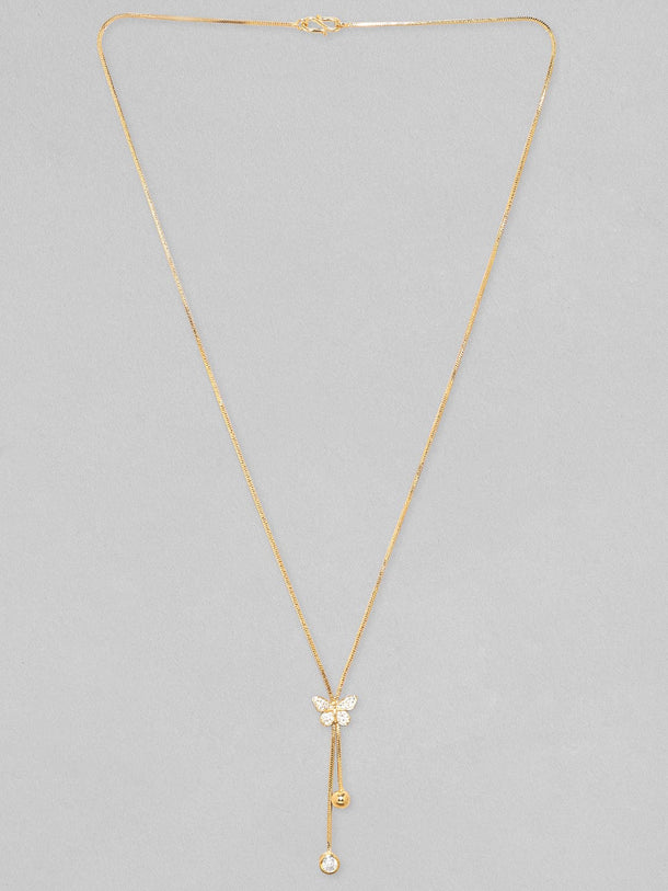 Rubans 18K Gold Plated, Minimal Chain Butterfly Motif Zircons Studded Drop Pendant Necklace. Chain & Necklaces