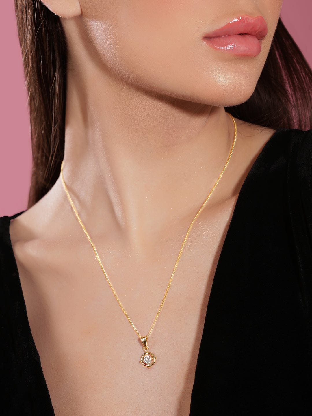 Rubans 18K Gold Plated, Minimal Chain With Solitaire Zircon Studded Pendant Necklace. Chain & Necklaces