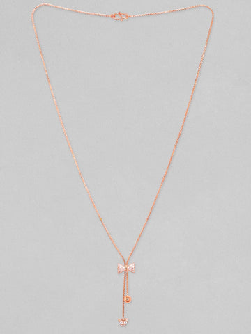 Rubans 18K Rose Gold Plated, Minimal Chain Bow Motif Zircons Studded Drop Pendant Necklace. Chain & Necklaces