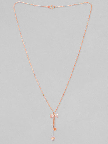 Rubans 18K Rose Gold Plated, Minimal Chain Bow Motif Zircons Studded Drop Pendant Necklace. Chain & Necklaces