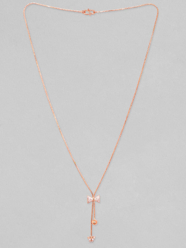 Rubans 18K Rose Gold Plated, Minimal Chain Bow Motif Zircons Studded Drop Pendant Necklace. Chain & Necklaces