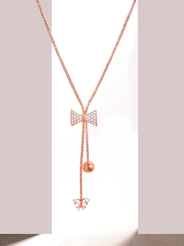 Rubans 18K Rose Gold Plated, Minimal Chain Bow Motif Zircons Studded Drop Pendant Necklace. Chain & Necklaces