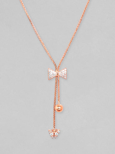 Rubans 18K Rose Gold Plated, Minimal Chain Bow Motif Zircons Studded Drop Pendant Necklace. Chain & Necklaces