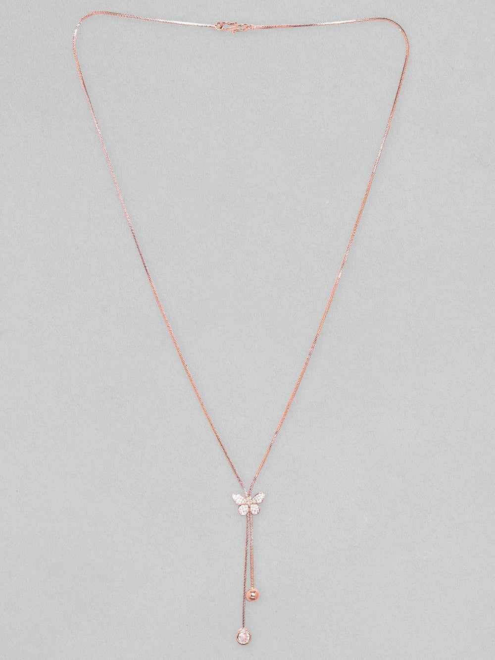 Rubans 18K Rose Gold Plated, Minimal Chain Butterfly Motif Zircons Studded Drop Pendant Necklace. Chain & Necklaces