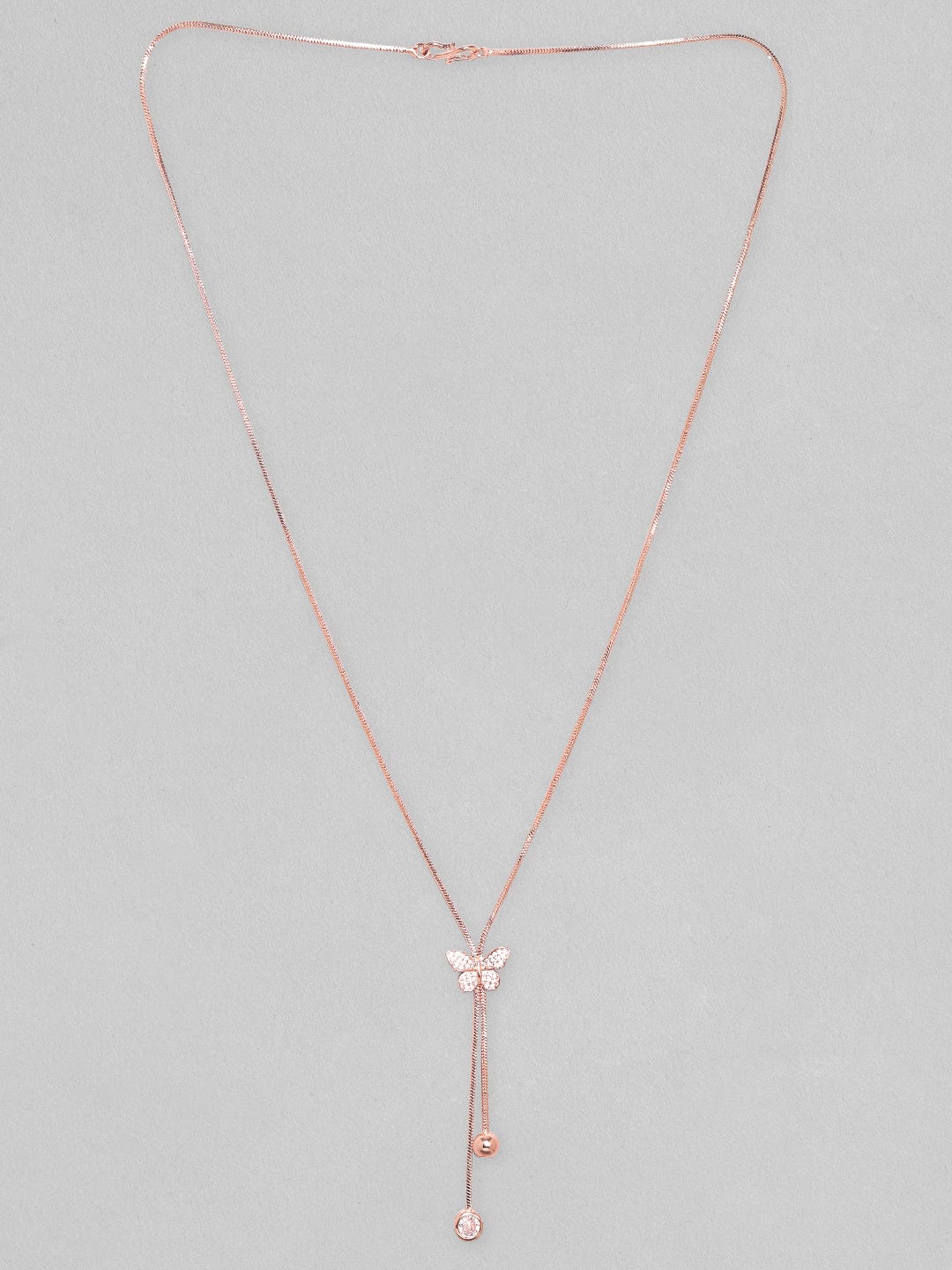 Rubans 18K Rose Gold Plated, Minimal Chain Butterfly Motif Zircons Studded Drop Pendant Necklace. Chain & Necklaces