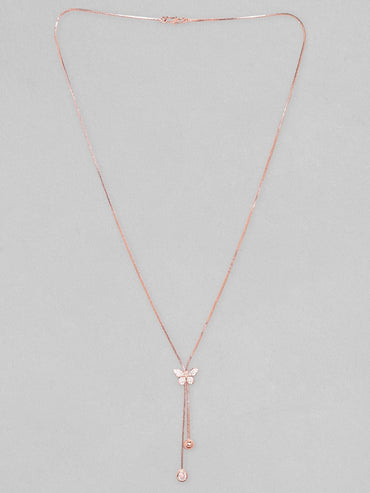Rubans 18K Rose Gold Plated, Minimal Chain Butterfly Motif Zircons Studded Drop Pendant Necklace. Chain & Necklaces