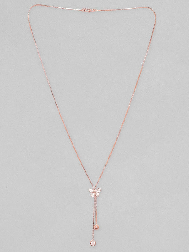 Rubans 18K Rose Gold Plated, Minimal Chain Butterfly Motif Zircons Studded Drop Pendant Necklace. Chain & Necklaces
