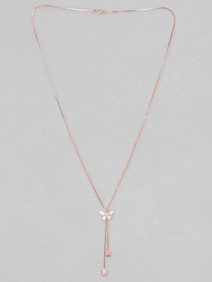 Rubans 18K Rose Gold Plated, Minimal Chain Butterfly Motif Zircons Studded Drop Pendant Necklace. Chain & Necklaces