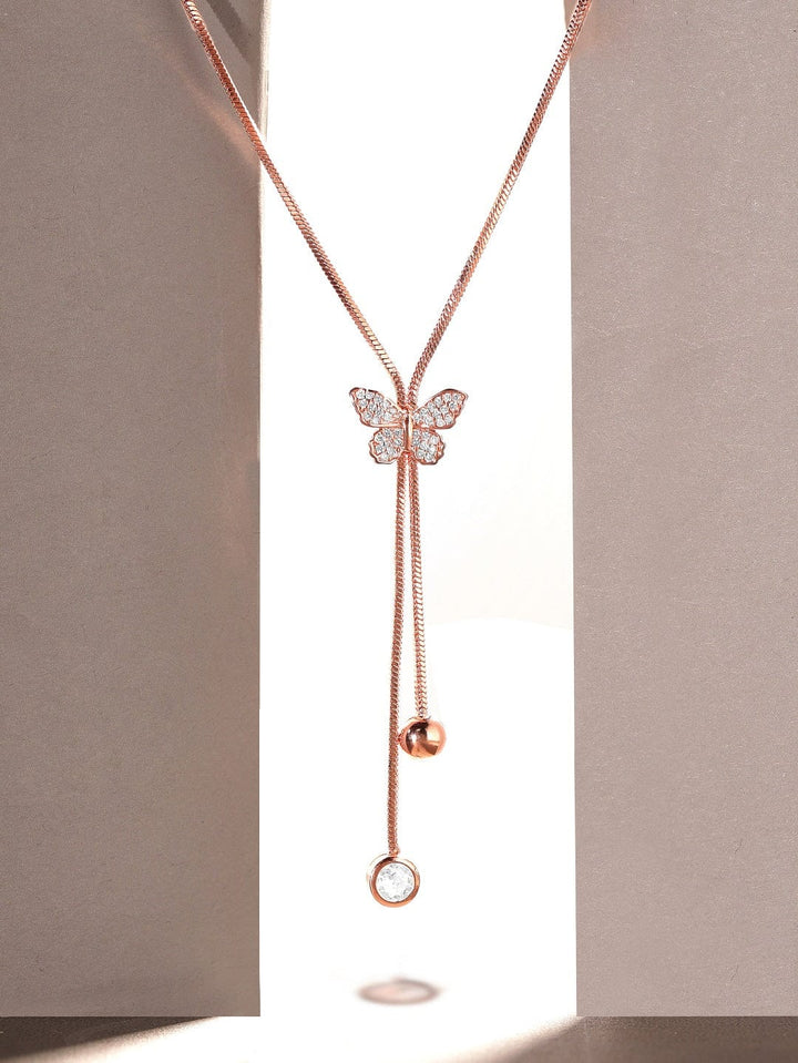 Rubans 18K Rose Gold Plated, Minimal Chain Butterfly Motif Zircons Studded Drop Pendant Necklace. Chain & Necklaces