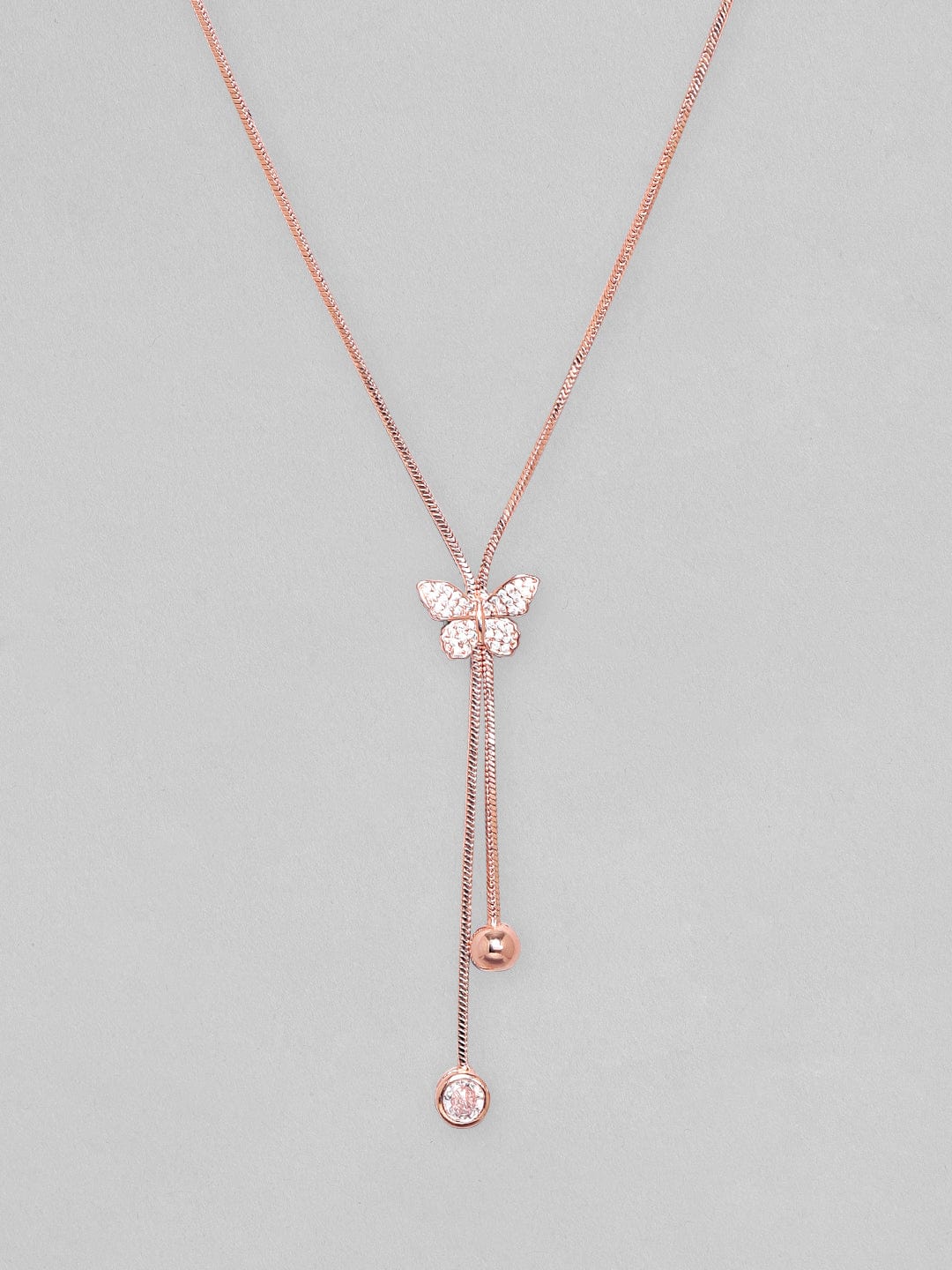 Rubans 18K Rose Gold Plated, Minimal Chain Butterfly Motif Zircons Studded Drop Pendant Necklace. Chain & Necklaces