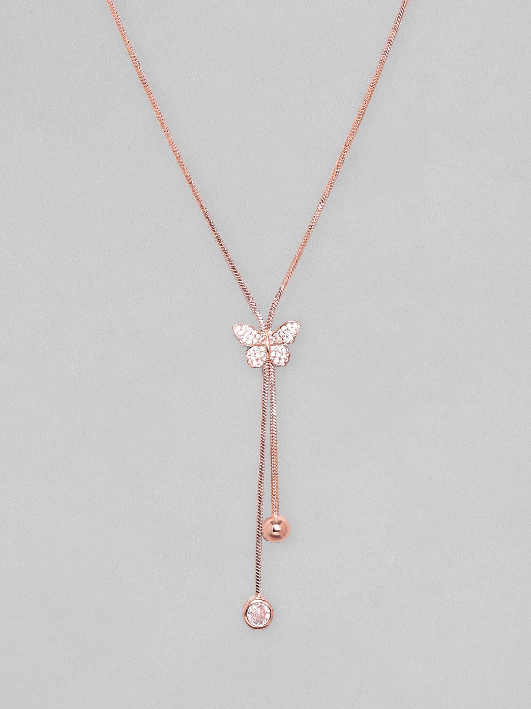 Rubans 18K Rose Gold Plated, Minimal Chain Butterfly Motif Zircons Studded Drop Pendant Necklace. Chain & Necklaces