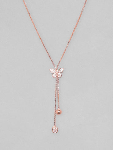 Rubans 18K Rose Gold Plated, Minimal Chain Butterfly Motif Zircons Studded Drop Pendant Necklace. Chain & Necklaces