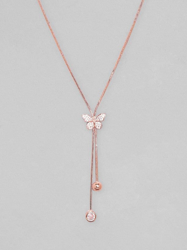 Rubans 18K Rose Gold Plated, Minimal Chain Butterfly Motif Zircons Studded Drop Pendant Necklace. Chain & Necklaces