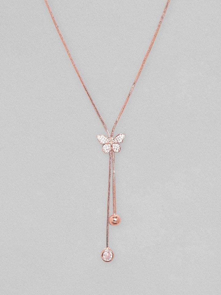 Rubans 18K Rose Gold Plated, Minimal Chain Butterfly Motif Zircons Studded Drop Pendant Necklace. Chain & Necklaces