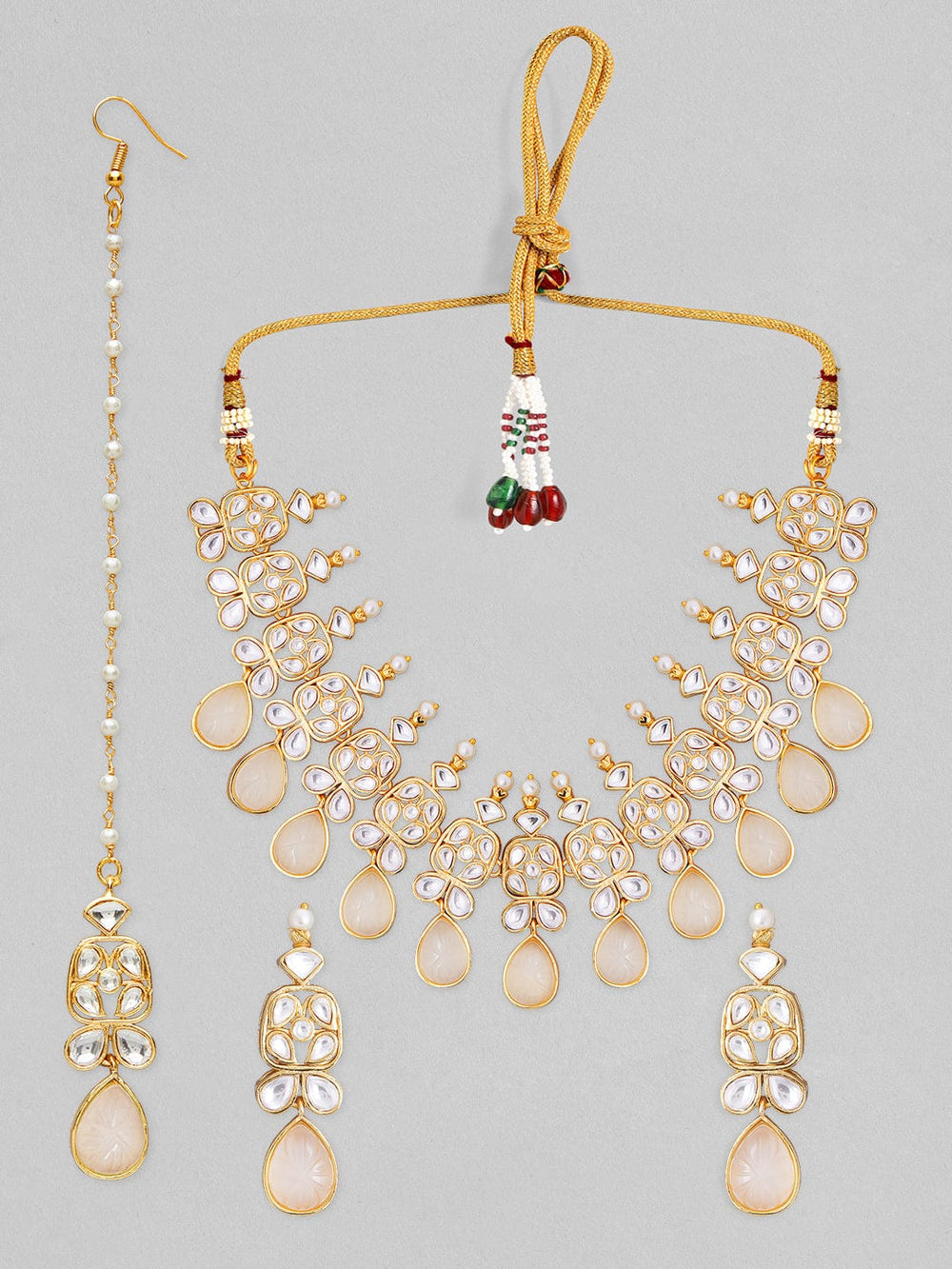Rubans 22K gold plated choker set with studded stones and beige colour beads. Necklace Set
