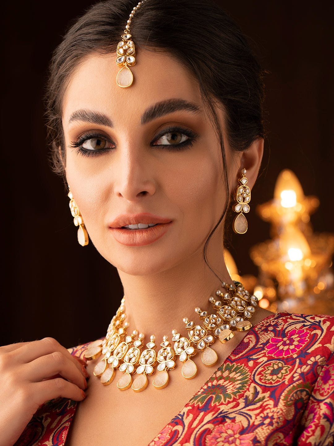 Rubans 22K gold plated choker set with studded stones and beige colour beads. Necklace Set
