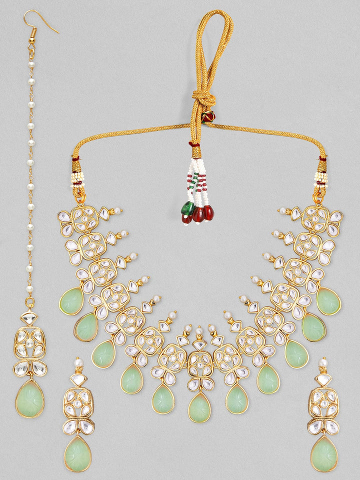 Rubans 22K gold plated choker set with studded stones and mint green colour beads. Necklace Set