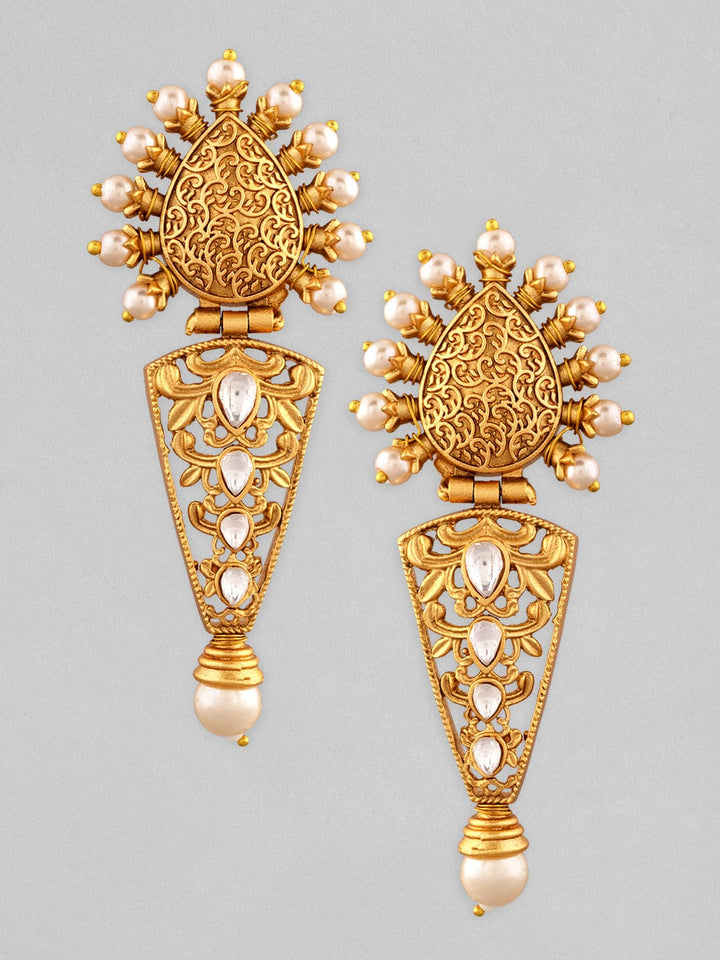 Rubans 22K Gold Plated Drop Earrings With Studded Stone And Pearls Earrings