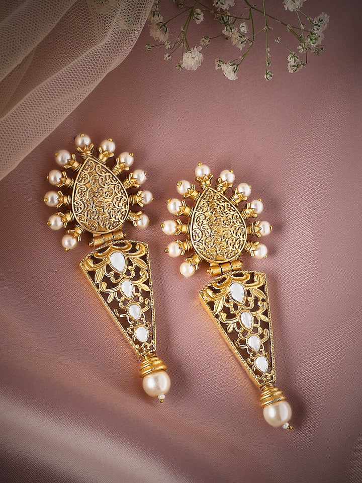 Rubans 22K Gold Plated Drop Earrings With Studded Stone And Pearls Earrings